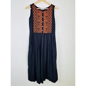 Max XS Black Orange Embroidered Boho Midi Dress Sleeveless Cotton Rayon
